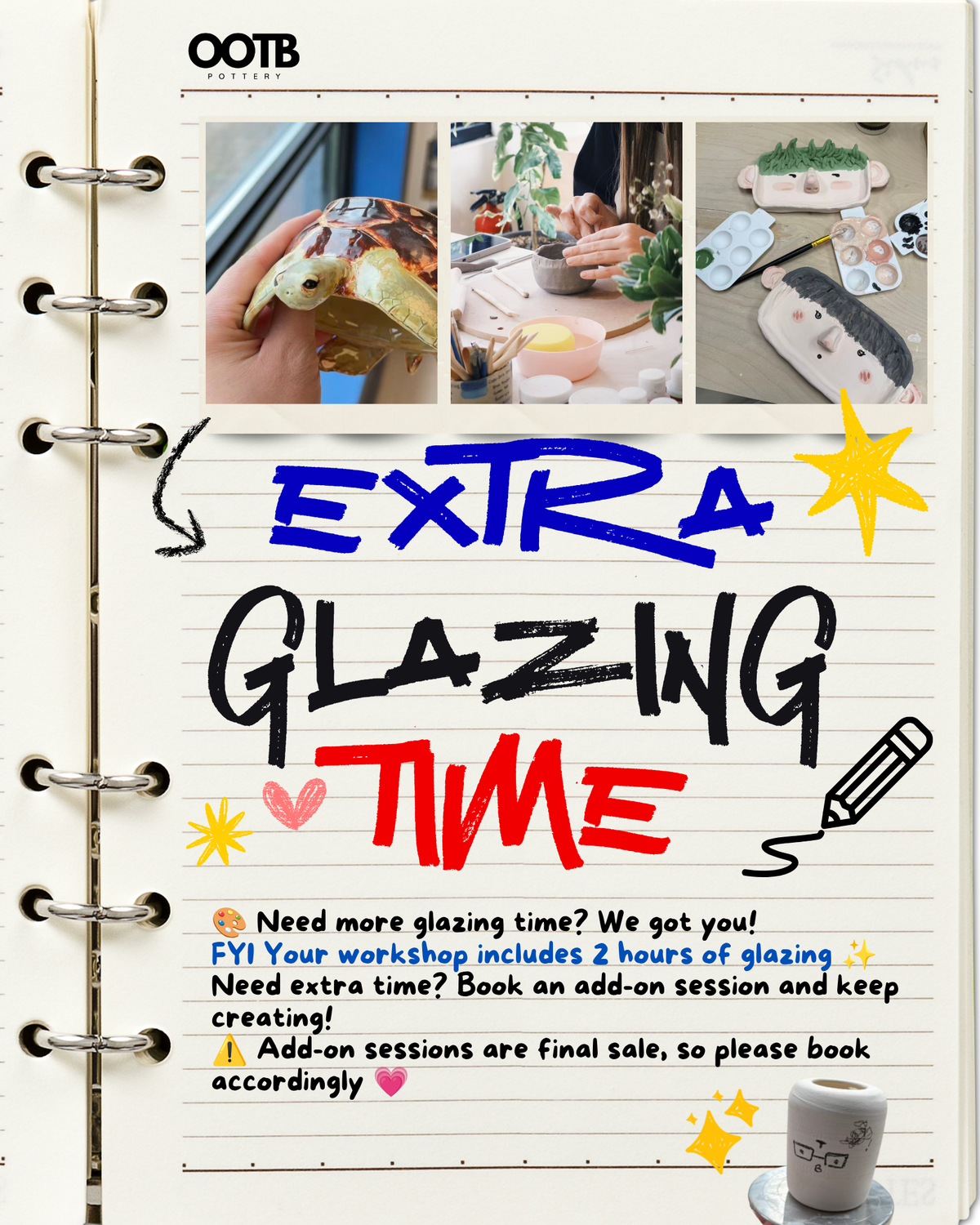 Extra Glazing Time at OOTB Pottery Markham: $15 per hour add-on